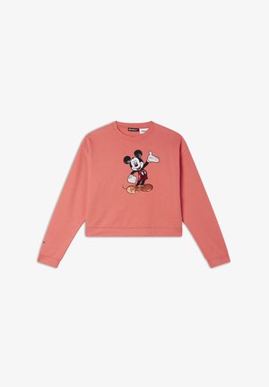 Sudadera corta de color coral con mangas largas, que presenta un diseño bordado de Mickey Mouse. Material suave de mezcla de algodón, con puños acanalados y escote redondo.