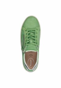 Zapatilla de ante verde con puntera redondeada, cordones en la parte delantera, cremallera lateral y suela de goma blanca contrastante. Parte superior suave y texturizada con detalle de logo.