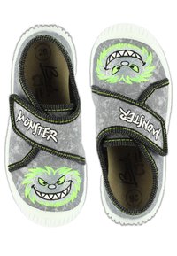 Chaussures en tissu gris à enfiler, présentant un motif de monstre avec des accents verts et des semelles blanches. Fermeture par bande Velcro pour un enfilage facile. Taille 26.