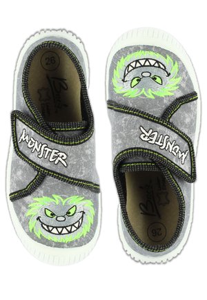 Graue Stoff-Slipper mit Monsterdesign, grünen Akzenten und weißen Sohlen. Mit Klettverschluss für ein einfaches Anziehen. Größe 26.
