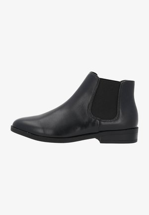 Bottine en cuir noir avec panneaux latéraux en élastique, bout rond et petit talon empilé. Texture lisse avec des détails de couture minimalistes.
