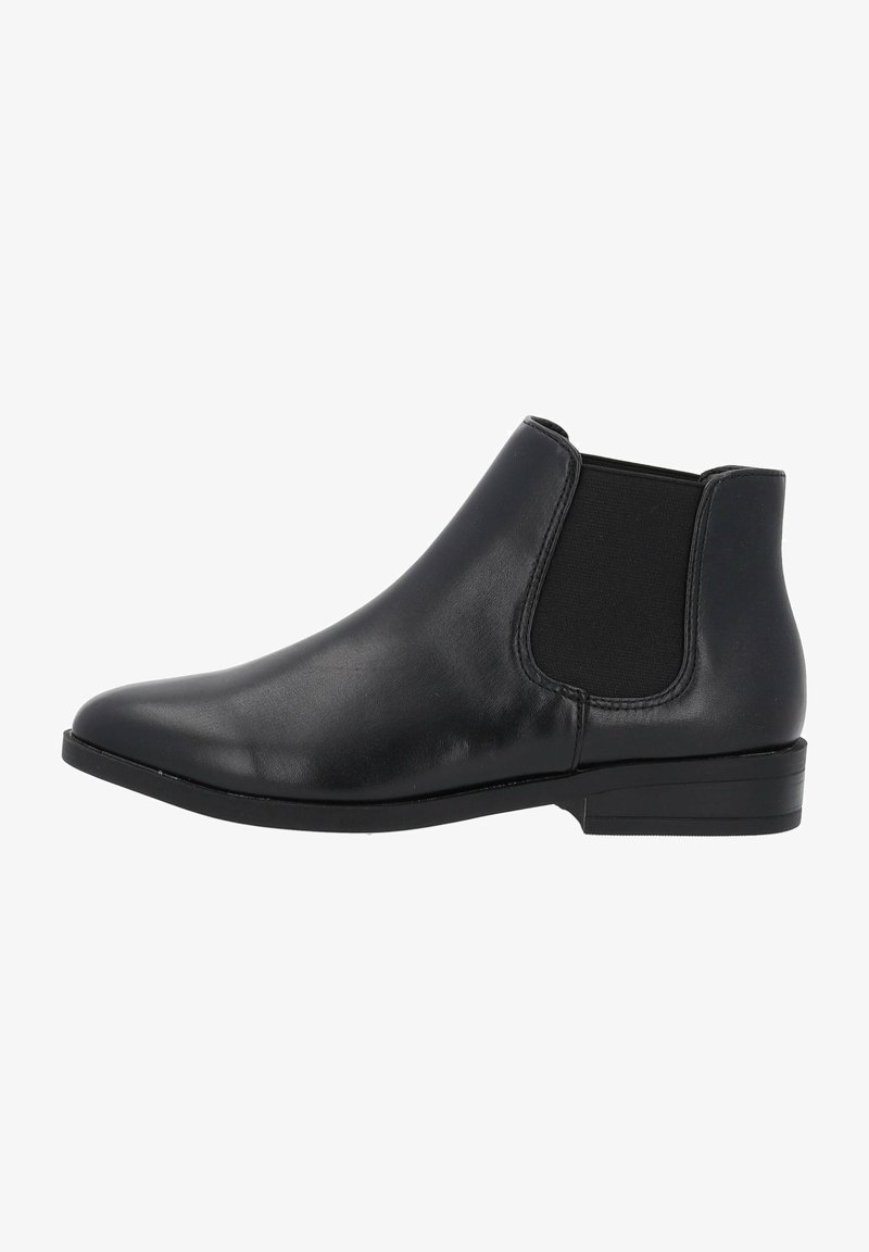 Bota de cuero negro hasta el tobillo con paneles laterales elásticos, puntera redondeada y tacón bajo apilado. Textura suave con detalles de costura mínimos.