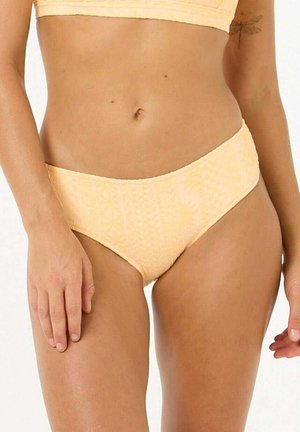Hellgelbe Bikini-Höschen mit einem strukturierten geometrischen Muster, mittelhoher Schnitt und glatter Stoffoberfläche; keine sichtbaren Beschläge oder Akzente.