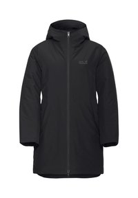 Zwarte geïsoleerde parka met een rits aan de voorkant, verstelbare capuchon en zijzakken. Heeft een gladde textuur en een logo op de borst.
