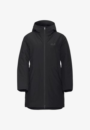 Zwarte geïsoleerde parka met een rits aan de voorkant, verstelbare capuchon en zijzakken. Heeft een gladde textuur en een logo op de borst.