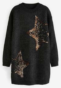 Pull-over noir à manches longues avec deux grandes étoiles en sequins, l'une près de la poitrine et l'autre près de la taille, présentant des couleurs bronze et noir.