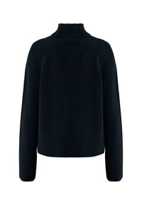 Pull en maille côtelée noire avec un col haut et des coutures d'épaule tombantes. Le modèle est ample avec des manches longues.