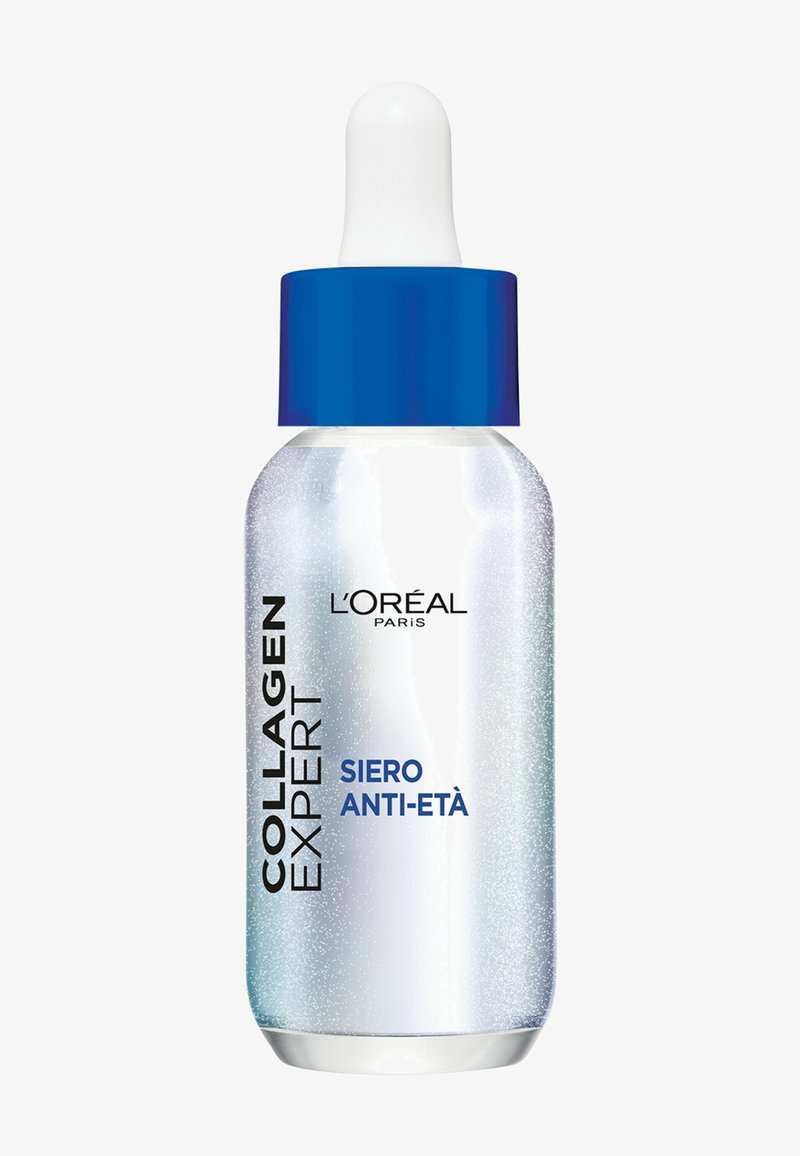 Bottiglia contagocce in vetro trasparente con finitura satinata, coperchio blu e testo nero che legge "Collagen Expert Siero Anti-Età."