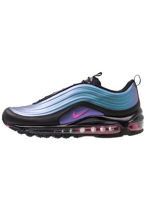 Seitenansicht eines schwarzen und blauen Nike Air Max 97 Sneakers mit pinken Akzenten und sichtbarer Luftdämpfung in der Sohle.