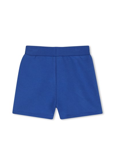 Shorts à taille élastique bleue unie avec un ourlet droit, présentés à plat sur un fond blanc.