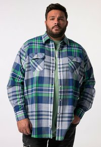 Camicia flanella a quadri blu e verde con due tasche sul petto, maniche lunghe e chiusura con bottoni. Presenta strisce bianche e blu navy in contrasto.