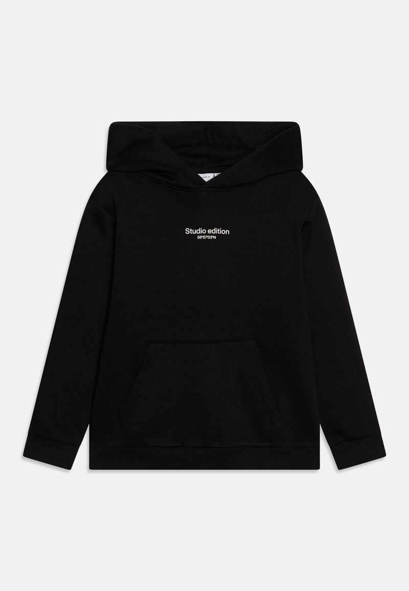 Sweatshirt preto em mistura de algodão, com um bolso frontal, punhos canelados e capuz, apresentando o texto "Edição de Estúdio" em branco no peito.