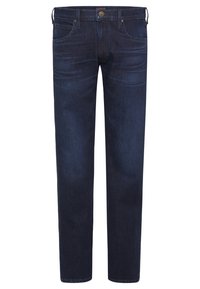 Mörkblå denimjeans med rak benform, femfickorsdesign, subtil blekning och metallbeslag. Avsmalnande vid vristen.