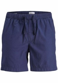 Shorts bleu marine en tissu léger avec un motif rayé texturé. Comprend une taille élastique avec un cordon de serrage pour ajustement.