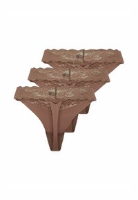 Drei Paar brauner Spitzenstringtangas mit gewelltem Rand, aus einem glatten, dehnbaren Stoff und einem dünnen Bund.