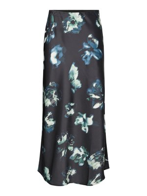 Saia midi escura com padrões florais abstratos em azul e branco, tecido suave e leve evasê na bainha.