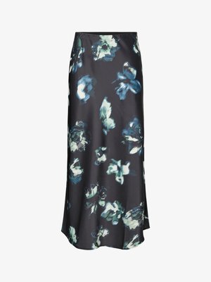 Saia midi escura com padrões florais abstratos em azul e branco, tecido suave e leve evasê na bainha.
