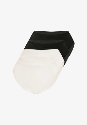 Two black and two white women's high-waist brief underwear pieces stacked together on a white background.
