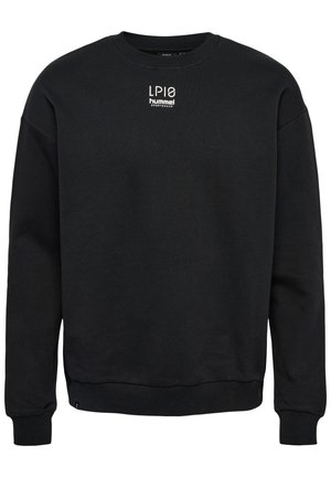 Sort sweatshirt lavet af blødt materiale, med rund hals, ribbede ærmer og kant, samt hvid "LP10 Hummel Sportswear" logo på brystet.