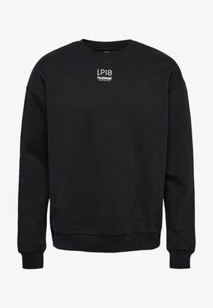 Schwarzer Sweatshirt aus weichem Material, mit Rundhalsausschnitt, gerippten Bündchen und Saum, sowie weißem "LP10 Hummel Sportswear"-Logo auf der Brust.