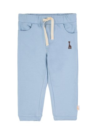 Light blue toddler pants with elastic waistband, cream drawstring, front pockets, and small dark giraffe embroidery on the right side.