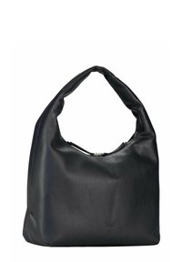 Sac à main en cuir noir au design souple, avec une large bandoulière, une fermeture éclair sur le dessus, une finition texturée et un marquage minimaliste.