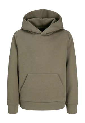 Effen olijfgroene hoodie met lange mouwen, borstzak met klittenband en een grote capuchon, getoond tegen een witte achtergrond.