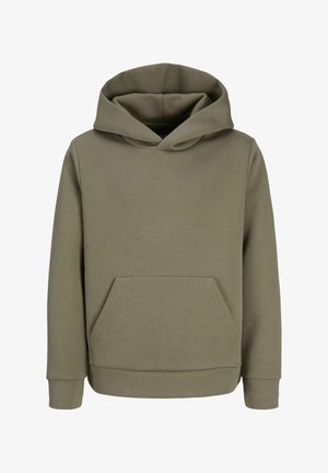 Effen olijfgroene hoodie met lange mouwen, borstzak met klittenband en een grote capuchon, getoond tegen een witte achtergrond.