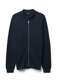 Cardigan blu navy realizzato in materiale lavorato a maglia, con un alto colletto, chiusura frontale con zip e due tasche laterali. Texture liscia, design casual.