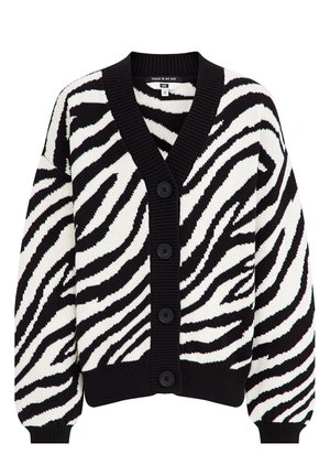 Schwarz-weiß gestreifte Strickjacke mit Zebramuster, Knopfleiste, gerippten Bündchen, Saum und V-Ausschnitt.