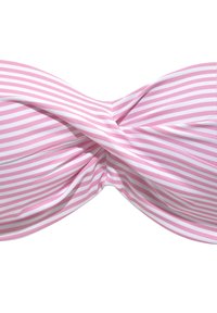 Roza in bela črtasta bikinijeva zgornji del s zasukanim sprednjim dizajnom, izdelan iz gladkega materiala. Ima bandeau stil brez naramnic.