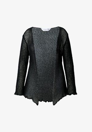 Czarny i szary sweter z długim rękawem o fakturowanym, splatanym wzorze. Posiada szeroki dekolt i asymetryczny dół z postrzępionym wykończeniem.