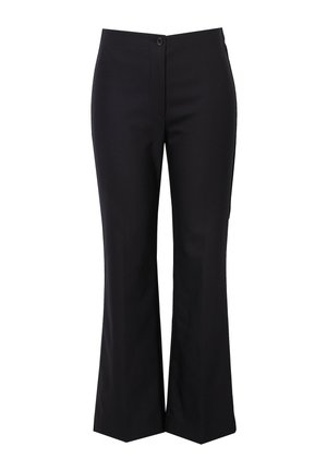 Czarne spódnie dzwony z gładkiego materiału, z zapięciem na guziki z przodu, dopasowanym krojem i kieszeniami po bokach.