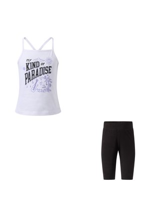 Canotta bianca con spalline sottili con testo "Il mio tipo di paradiso" e disegni, abbinata a leggings neri semplici fino al ginocchio.