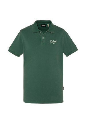 Polo vert foncé à manches courtes avec deux boutons et logo texte blanc "Schott NYC" sur la poitrine gauche.