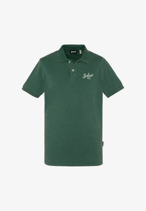 Polo vert foncé à manches courtes avec deux boutons et logo texte blanc "Schott NYC" sur la poitrine gauche.
