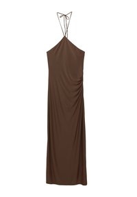Braunes ärmelloses Maxikleid mit verstellbaren Bindeträgern, das eine drapierte Textur und einen figurbetonten Schnitt aufweist. Aus weichem Stoff.