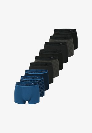 Sæt med boxer briefs i blå, sort og mørkegrå; materialerne har forskellige teksturer og mønstre, inklusive gitter- og mesh-designs med sorte elastiske linninger.