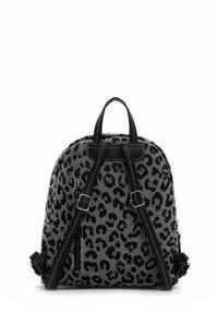 Grey leopard-print backpack with black accents, featuring two adjustable straps, a top handle, and a side zip pocket. Textured material.