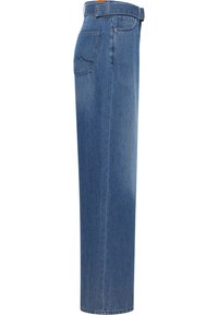 Light blue denim jeans with a straight-cut design, visible side pocket, and a stitched back pocket. Features a belt loop waistband.