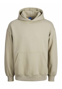 Sudadera con capucha color beige fabricada con una mezcla de algodón. Cuenta con un bolsillo frontal, puños acanalados y un corte relajado. Textura suave.