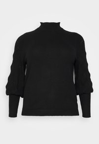 Schwarzer Strickpullover mit hohem Kragen, ausgestattet mit strukturierten Puffärmeln sowie gerippten Bündchen und Saum. Glatter Stoff mit dezenten Mustern.