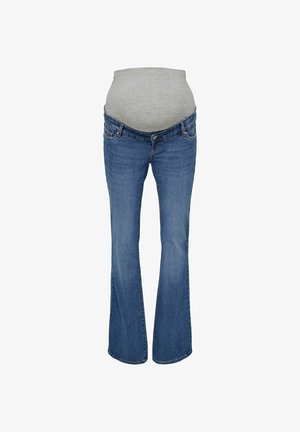 Jeans de maternidad en denim azul oscuro con un panel de barriga de tela gris, diseño de pierna acampanada y estilo clásico de cinco bolsillos.