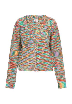 Gehaakte cardigan met een mix van levendige kleuren: rood, blauw, groen en geel. V-hals ontwerp, lange mouwen en sluiting met knopen aan de voorkant.