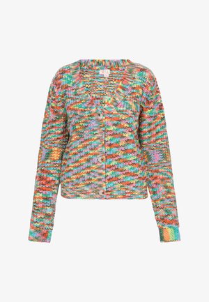 Kötött kardigán, élénk színek keverékéből: piros, kék, zöld és sárga. V-nyakú kialakítás, hosszú ujjak és elöl gombos záródás.