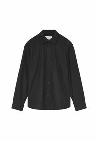 Zwarte button-up shirt met een puntkraag, lange mouwen en een ontspannen pasvorm, gemaakt van textuurstof en met knopen aan de voorkant.