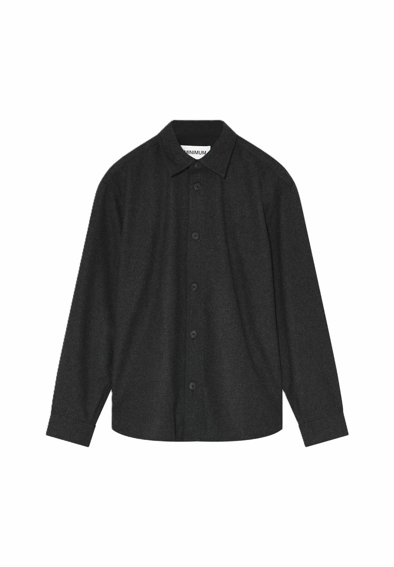 Zwarte button-up shirt met een puntkraag, lange mouwen en een ontspannen pasvorm, gemaakt van textuurstof en met knopen aan de voorkant.