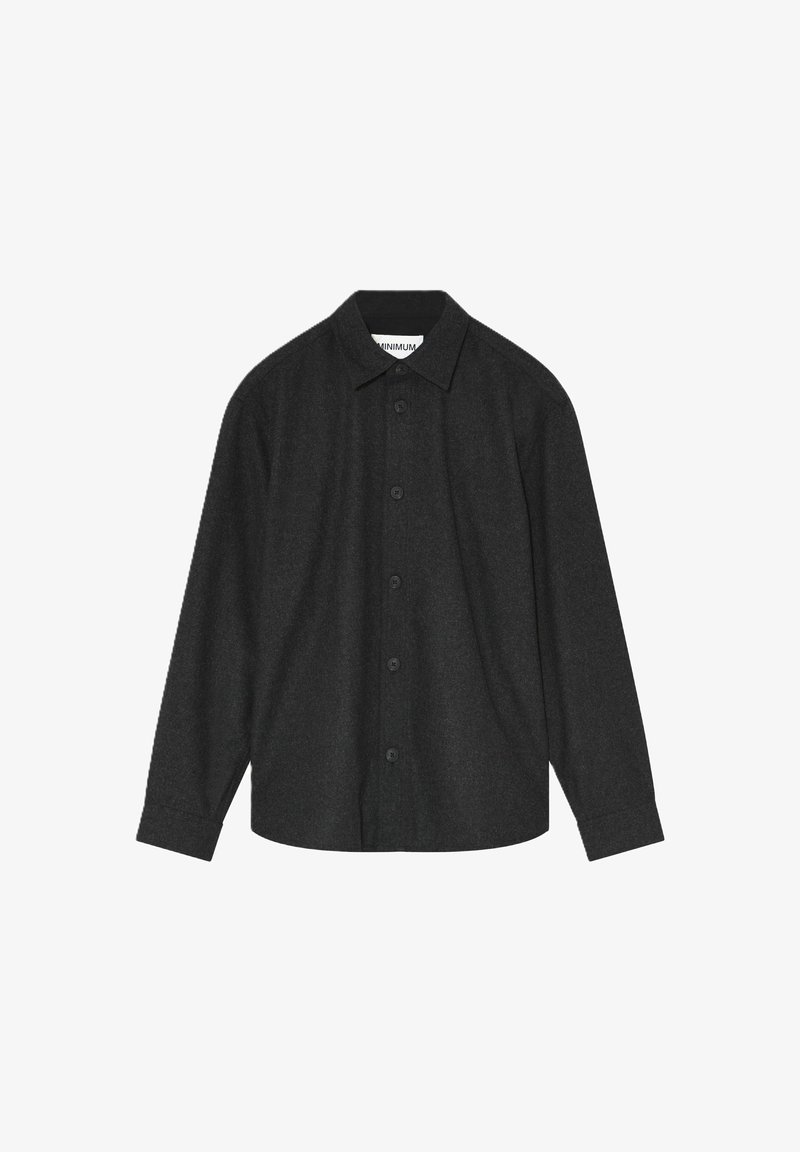 Zwarte button-up shirt met een puntkraag, lange mouwen en een ontspannen pasvorm, gemaakt van textuurstof en met knopen aan de voorkant.