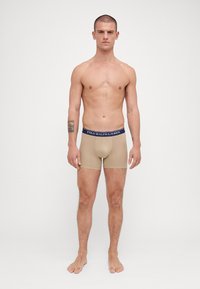 Bež bokserice z oprijetenim krojem in mornarsko modrim pasom, ki nosi logo "POLO RALPH LAUREN", izdelane iz mehkega, raztegljivega materiala.