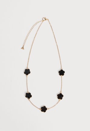Collier délicat en chaîne d’or avec cinq pendentifs noirs en forme de trèfle à quatre feuilles, espacés uniformément, et fermoir ajustable.